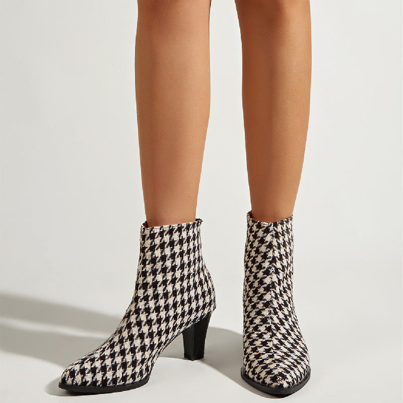 New women's boots pointed thick high-heeled houndstooth fabric color matching short boots   NHSO480946