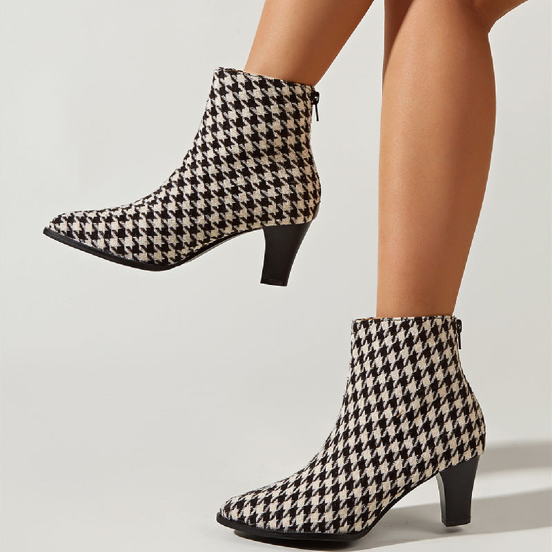 New women's boots pointed thick high-heeled houndstooth fabric color matching short boots   NHSO480946