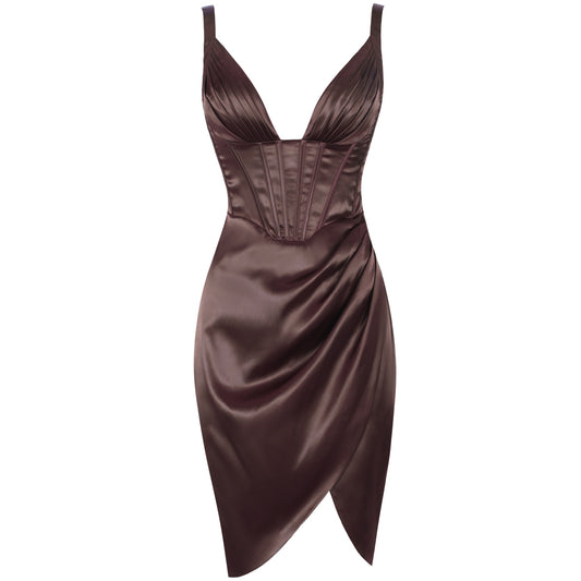 CHOCOLATE SATIN CORSET Party DRESS  Sexy Bodycon Dress Summer Women Spaghetti Strap Night Club Dress Outfits