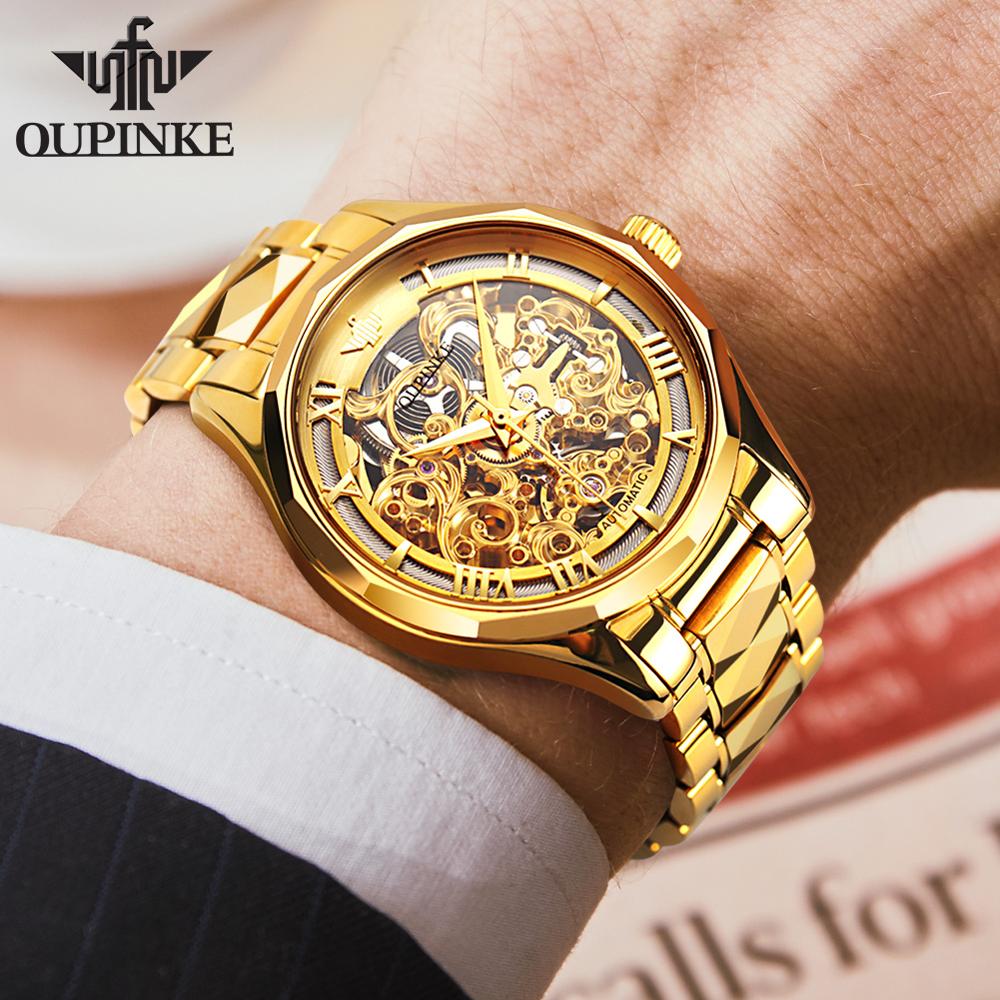 OUPINKE Luxury Men Watches Gold Skeleton Mechanical Watch Men Automatic Sapphire Glass Stainless Steel Wristwatch montre homme