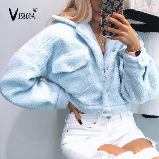 Women Fleece White Cropped Jacket Coat Fashion Autumn Winter Warm Loose Pockets Pullover Female Blue Velvet Outwear Femme