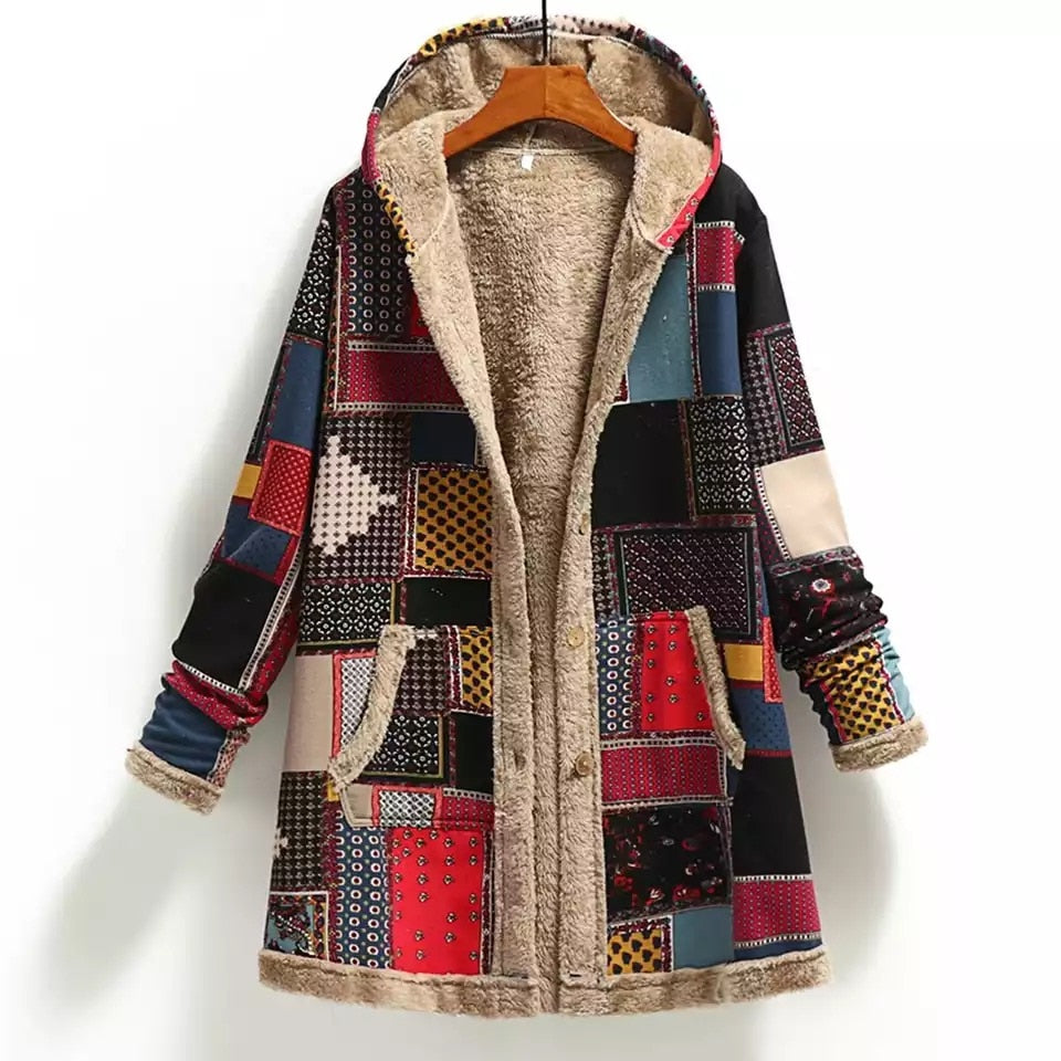 2020 Winter Vintage Women Coat Warm Printing Thick Fleece Hooded Long Jacket with Pocket Ladies Outwear Loose Coat for Women