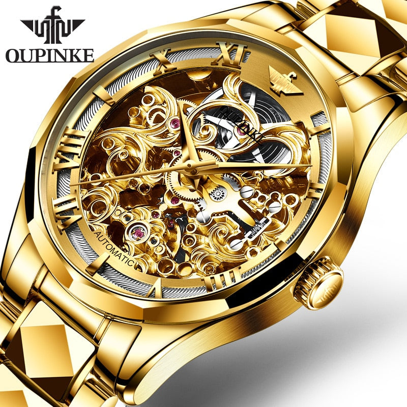 OUPINKE Luxury Men Watches Gold Skeleton Mechanical Watch Men Automatic Sapphire Glass Stainless Steel Wristwatch montre homme