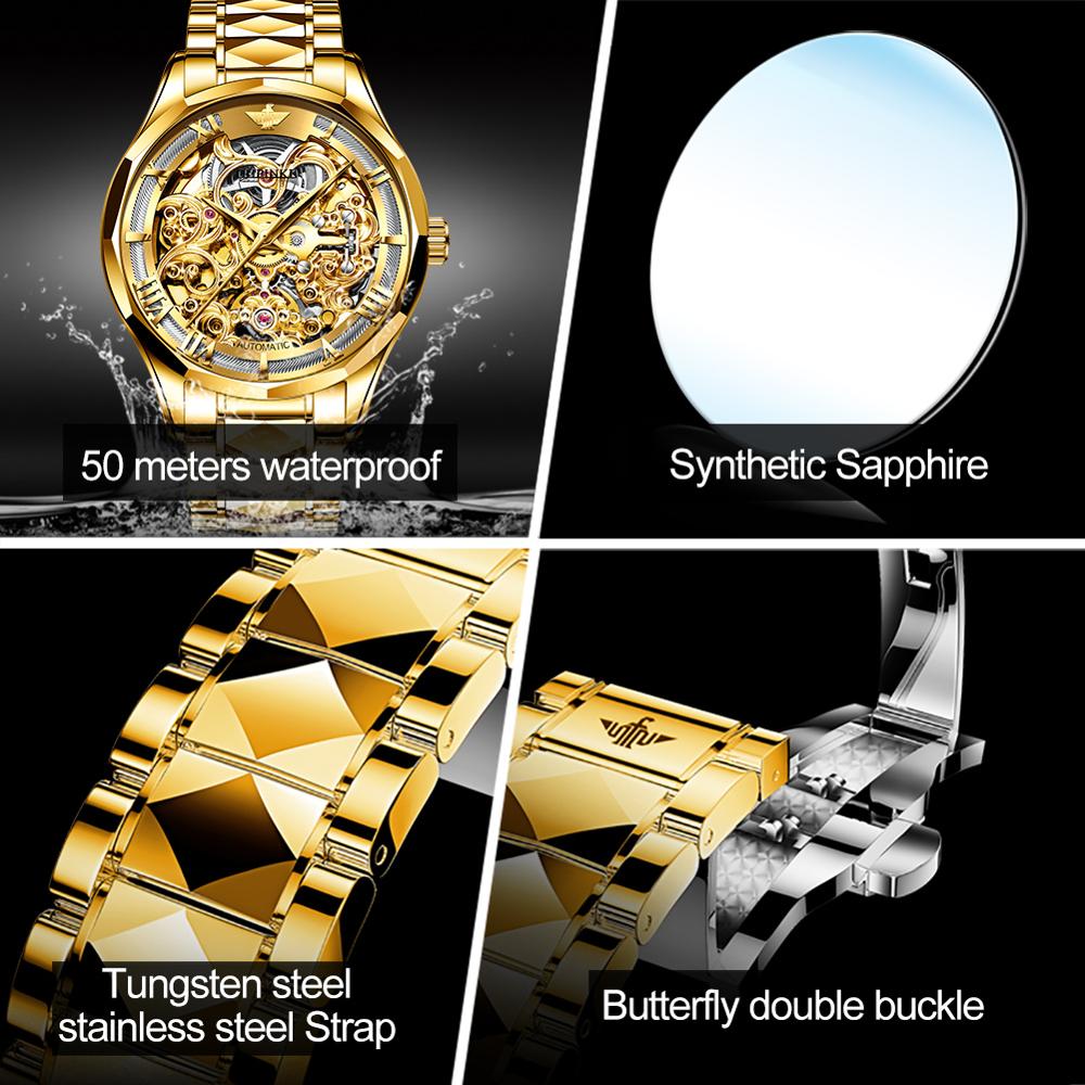 OUPINKE Luxury Men Watches Gold Skeleton Mechanical Watch Men Automatic Sapphire Glass Stainless Steel Wristwatch montre homme