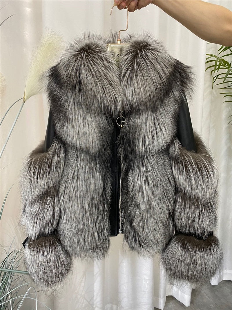 Women Faux Fox Fur Coat Imitation Sheepskin Leather Jacket Fluffy Fake Fox Fur Coats with Plush Fur Collar Winter Thick Overcoat