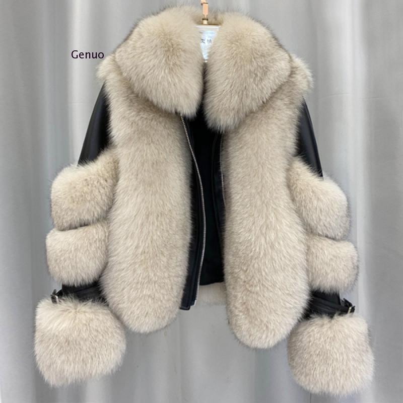 Women Faux Fox Fur Coat Imitation Sheepskin Leather Jacket Fluffy Fake Fox Fur Coats with Plush Fur Collar Winter Thick Overcoat