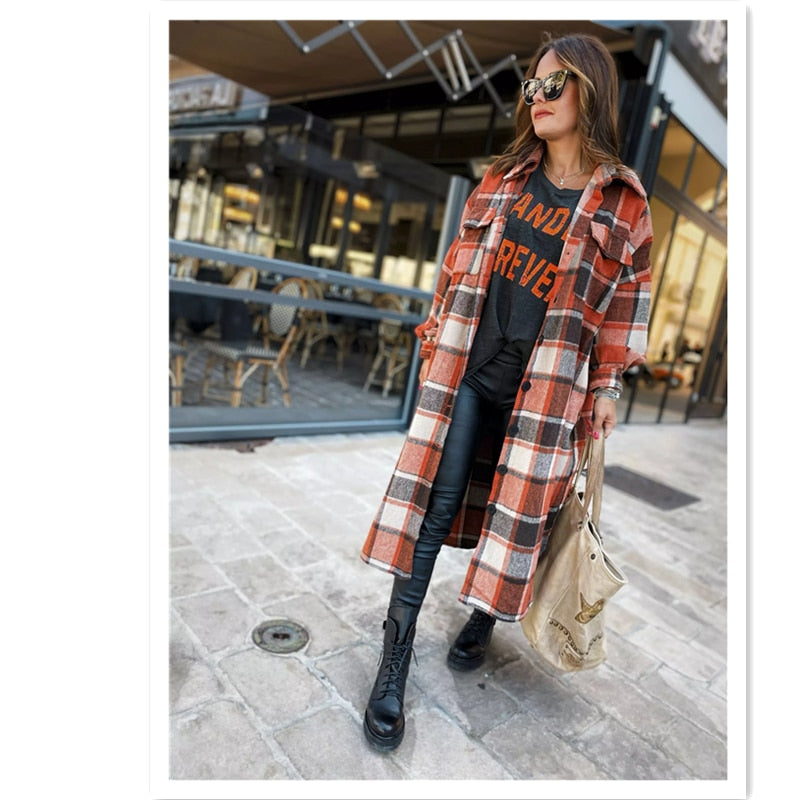 Women&#39;s Fashion Long Plaid Coat Autumn Shirt Coat Woolen Coat Streetwear Women Clothing Loose Coat Female Casual Jacket