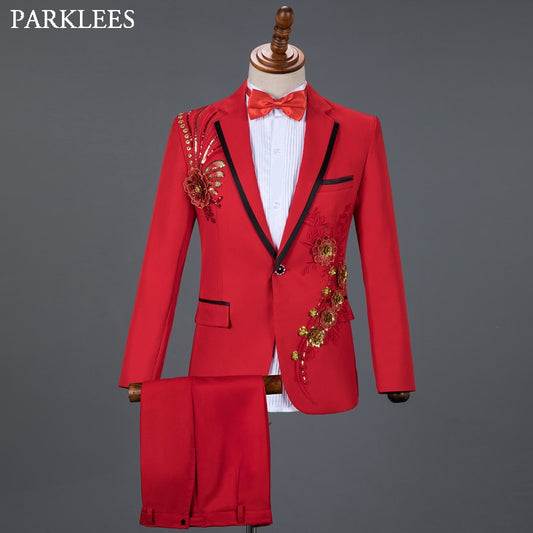 Red Diamond Floral Men Suits for Wedding Mens Suits 3 Piece Blazer+Pant+Bow Tie Fashion Tuxedo Men Suit Set Stage Costume Homme