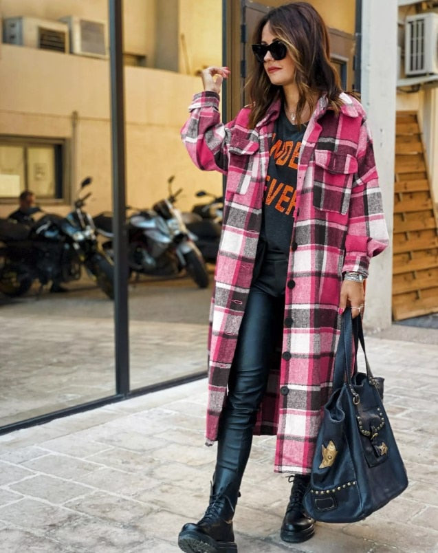 Women&#39;s Fashion Long Plaid Coat Autumn Shirt Coat Woolen Coat Streetwear Women Clothing Loose Coat Female Casual Jacket