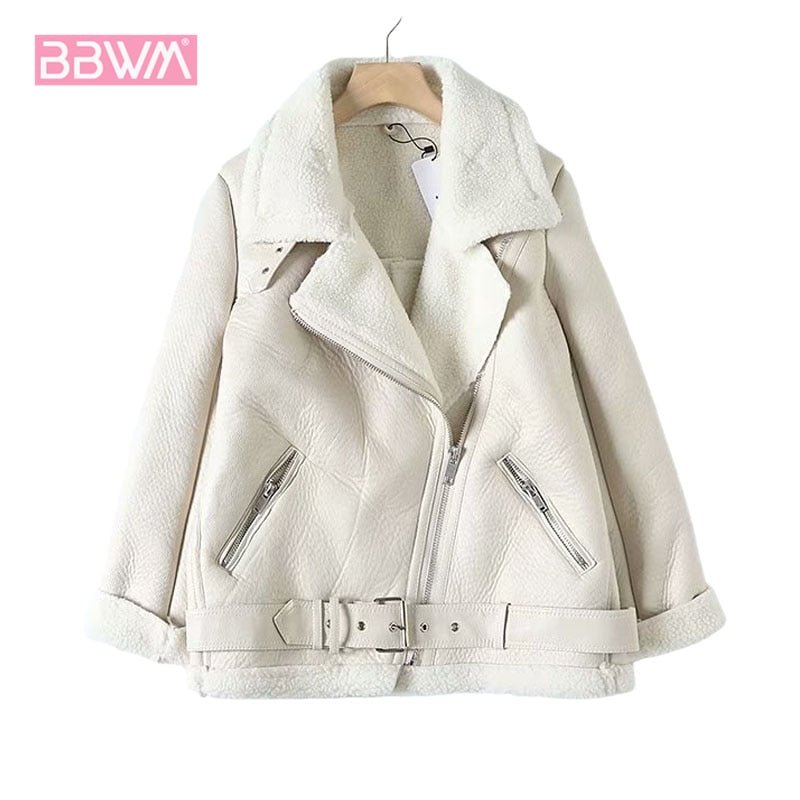 Za Fur Long Sleeved Loose Belt Warm Women&#39;s Jacket Lamb Wool Winter Thickened Locomotive Lapel Female Coat Beige Black Chic PU