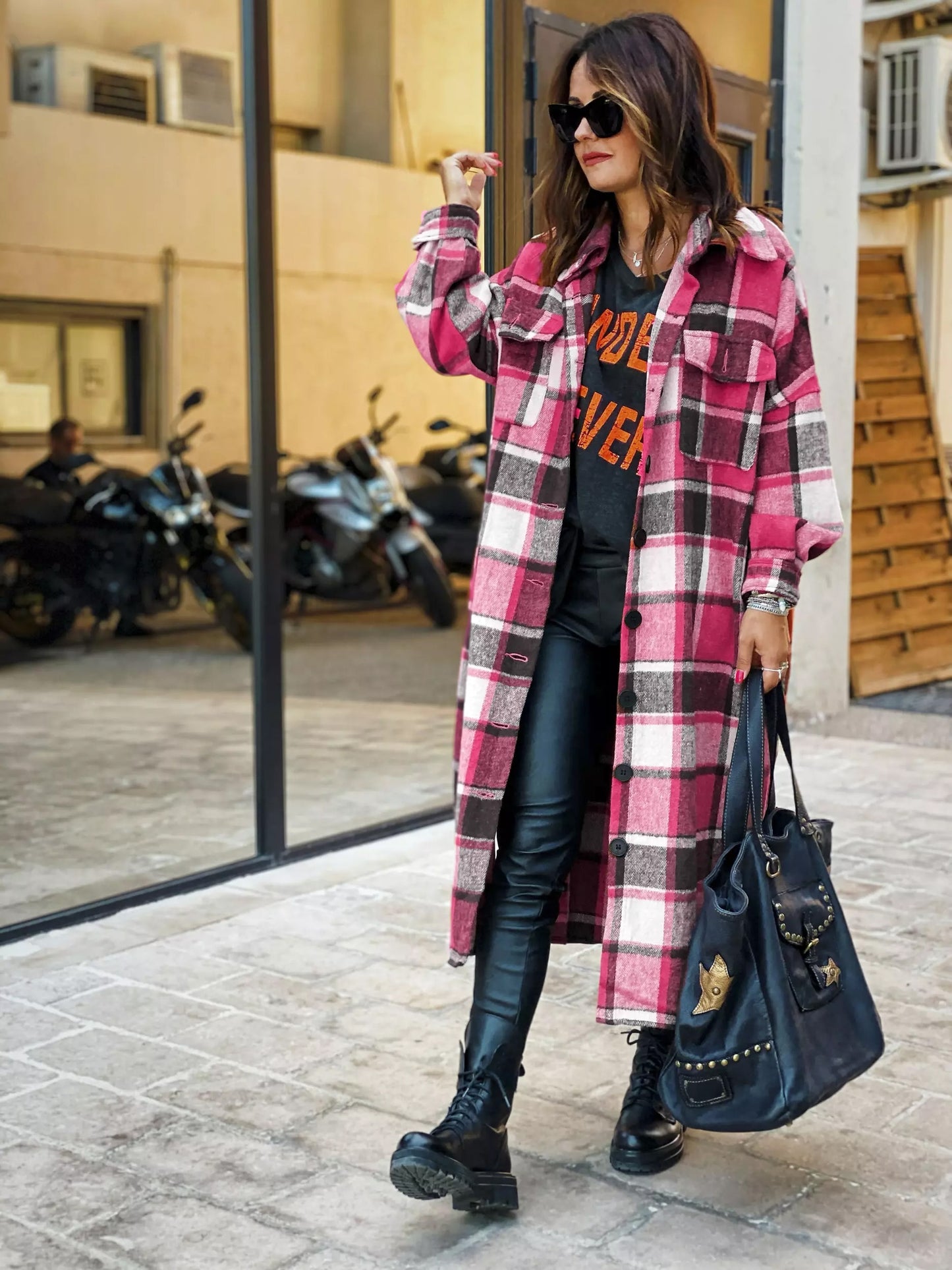 Women&#39;s Fashion Long Plaid Coat Autumn Shirt Coat Woolen Coat Streetwear Women Clothing Loose Coat Female Casual Jacket