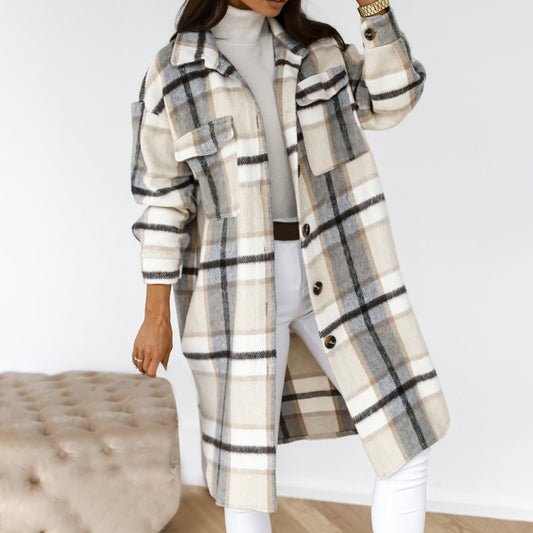 2020 Winter Women Checked Jacket Casual Oversized Turn Down Collar Long Coat Female Thick Warm Woolen Blends Overcoat Streetwear