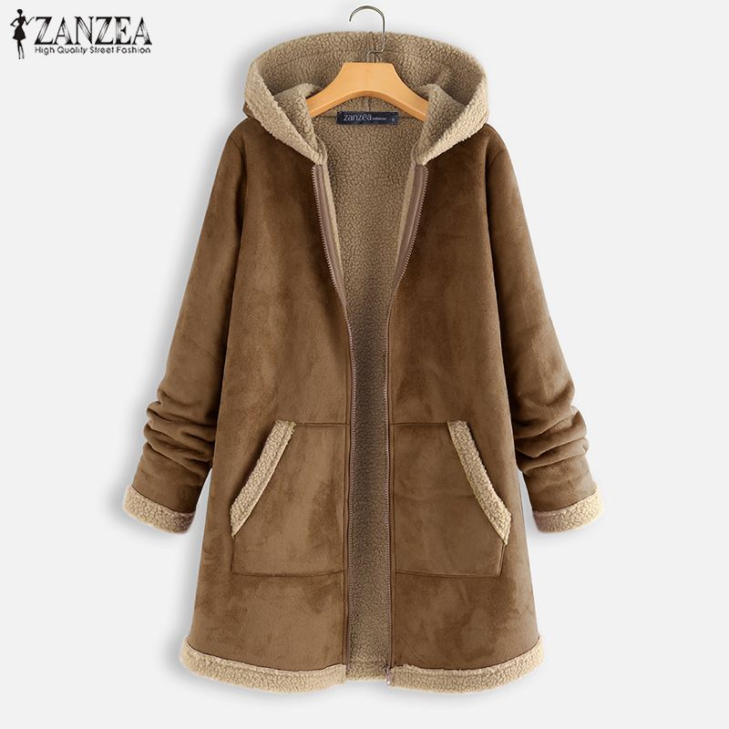 2021  ZANZEA Winter Zipper Fleece Jackets Women Vintage Solid Hooded Long Sleeve Warm Coats Overcoats Femme Outwear