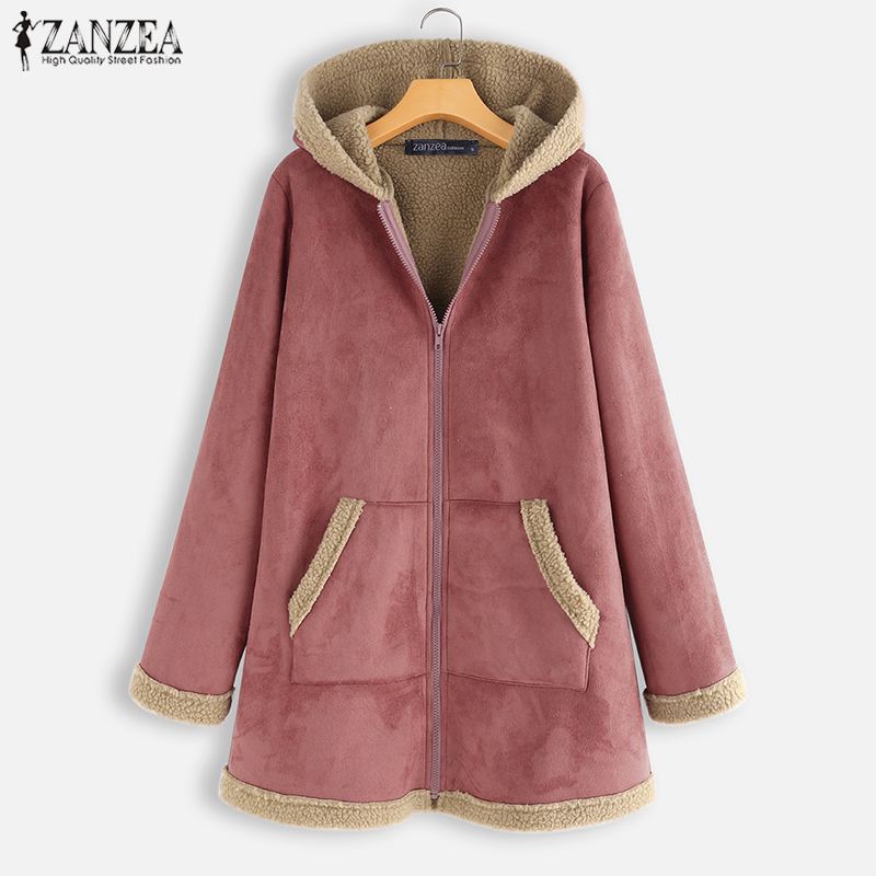 2021  ZANZEA Winter Zipper Fleece Jackets Women Vintage Solid Hooded Long Sleeve Warm Coats Overcoats Femme Outwear