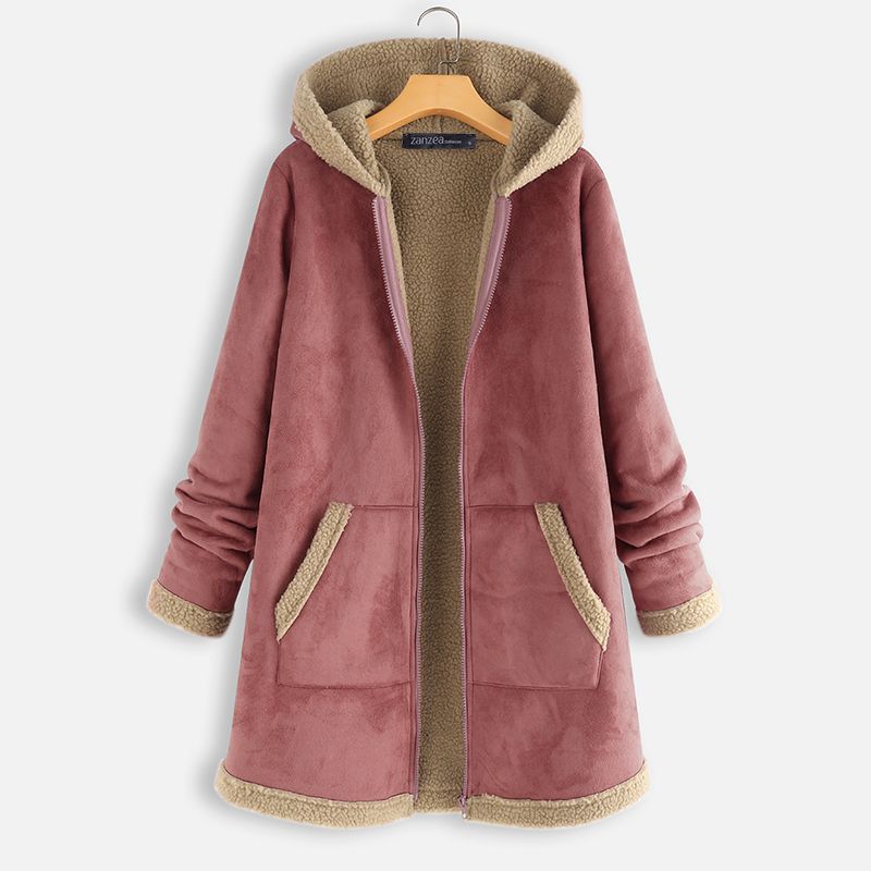 2021  ZANZEA Winter Zipper Fleece Jackets Women Vintage Solid Hooded Long Sleeve Warm Coats Overcoats Femme Outwear