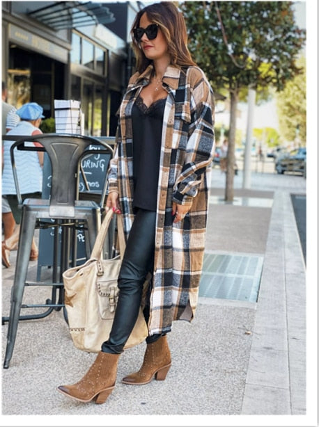 Women&#39;s Fashion Long Plaid Coat Autumn Shirt Coat Woolen Coat Streetwear Women Clothing Loose Coat Female Casual Jacket