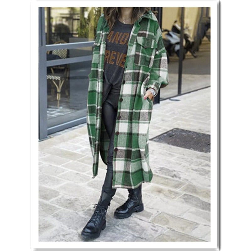 Women&#39;s Fashion Long Plaid Coat Autumn Shirt Coat Woolen Coat Streetwear Women Clothing Loose Coat Female Casual Jacket