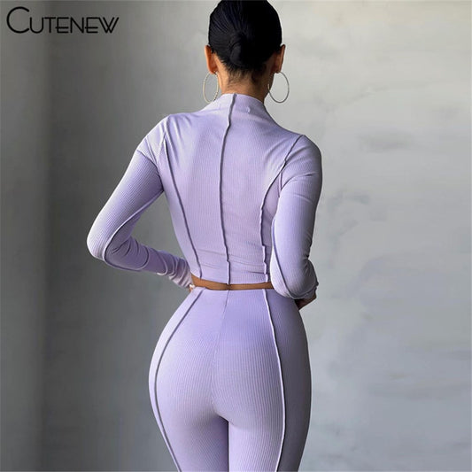 Cutenew Autumn Solid Two Piece Set Women's Outfits Half High Collar Long Sleeve Crop Top+Skinny Leggings Lady Casual Sporty Suit