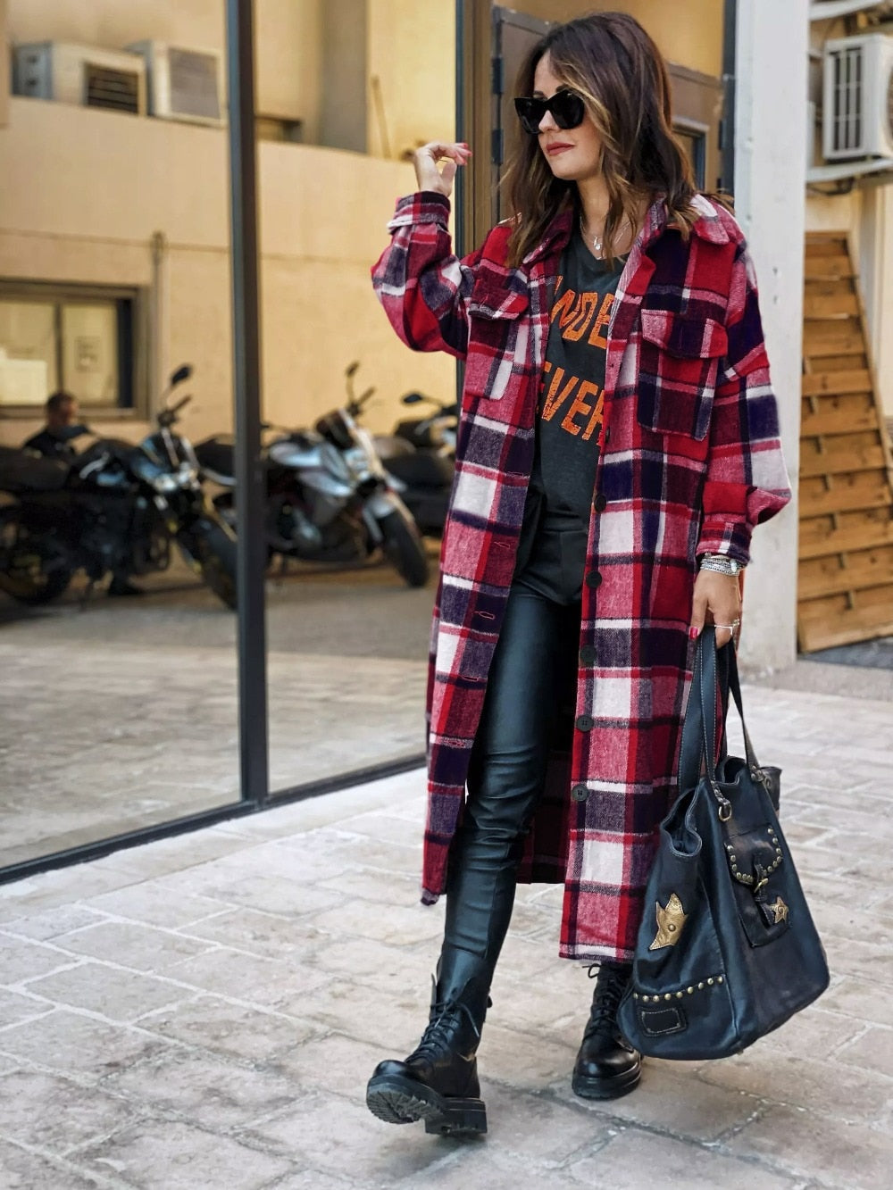 Women&#39;s Fashion Long Plaid Coat Autumn Shirt Coat Woolen Coat Streetwear Women Clothing Loose Coat Female Casual Jacket