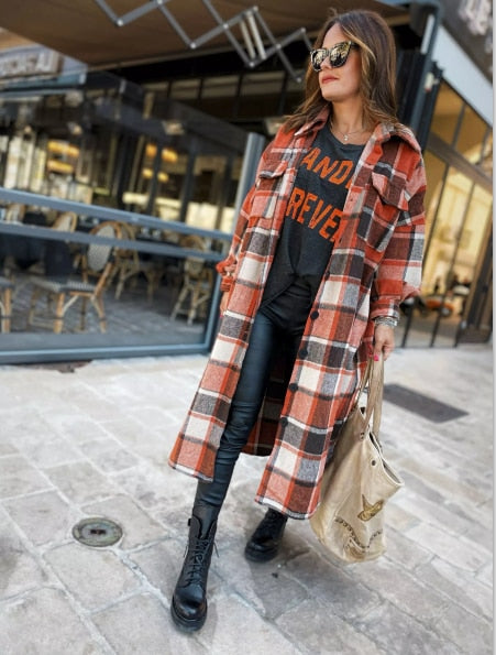 Women&#39;s Fashion Long Plaid Coat Autumn Shirt Coat Woolen Coat Streetwear Women Clothing Loose Coat Female Casual Jacket