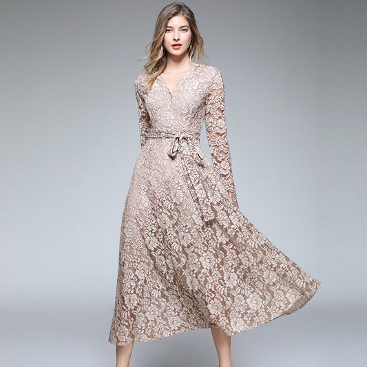 Autumn Women Long Sleeves Maxi Dress Vetement Femme 2021 Fall V-Neck Long Party Lace Dress Vestidos Longos K3509