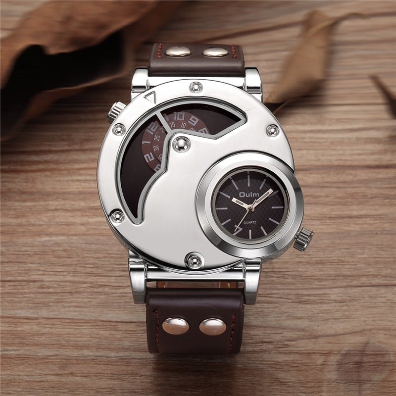 Oulm Watch Man Quartz Watches Top Brand Luxury Silver Case PU Leather Military Sport Wristwatch Two Time Zone Male Clock