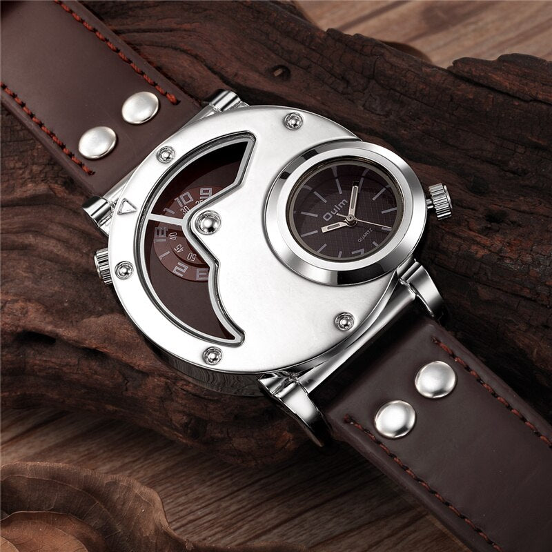 Oulm Watch Man Quartz Watches Top Brand Luxury Silver Case PU Leather Military Sport Wristwatch Two Time Zone Male Clock