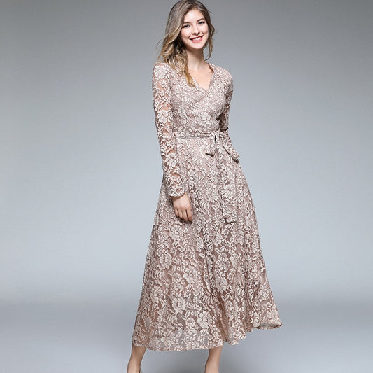 Autumn Women Long Sleeves Maxi Dress Vetement Femme 2021 Fall V-Neck Long Party Lace Dress Vestidos Longos K3509