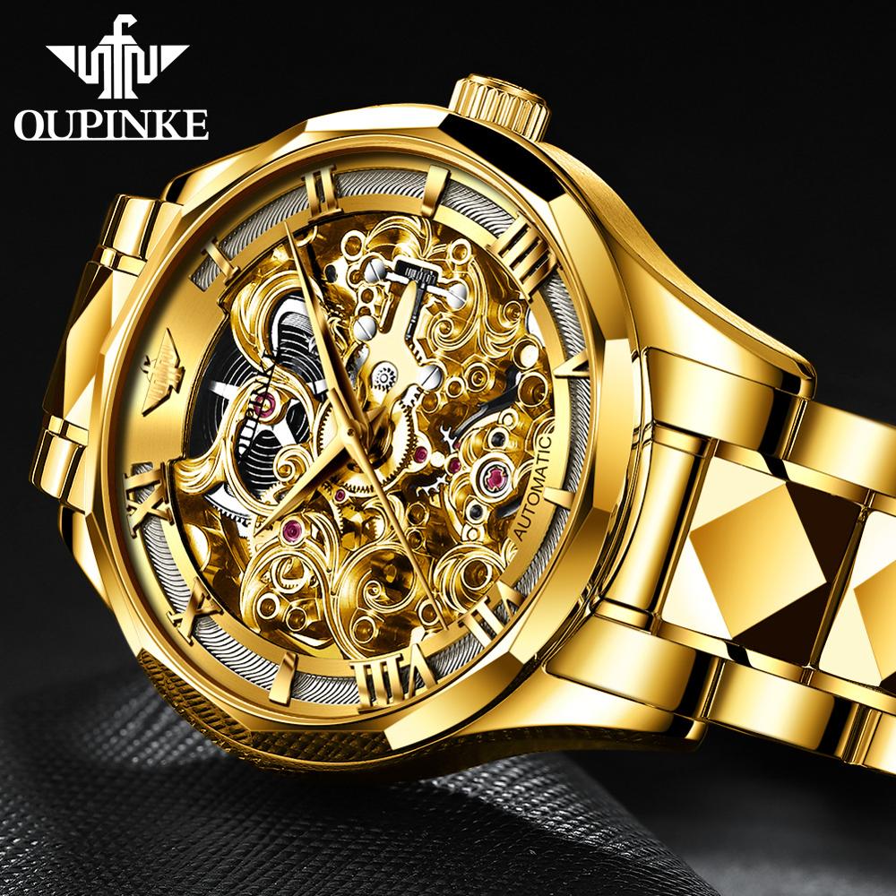 OUPINKE Luxury Men Watches Gold Skeleton Mechanical Watch Men Automatic Sapphire Glass Stainless Steel Wristwatch montre homme