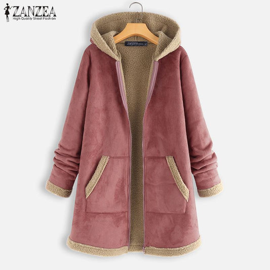 2021  ZANZEA Winter Zipper Fleece Jackets Women Vintage Solid Hooded Long Sleeve Warm Coats Overcoats Femme Outwear