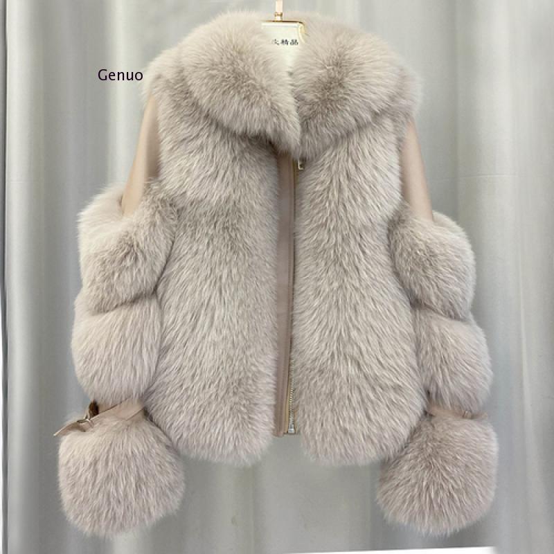 Women Faux Fox Fur Coat Imitation Sheepskin Leather Jacket Fluffy Fake Fox Fur Coats with Plush Fur Collar Winter Thick Overcoat