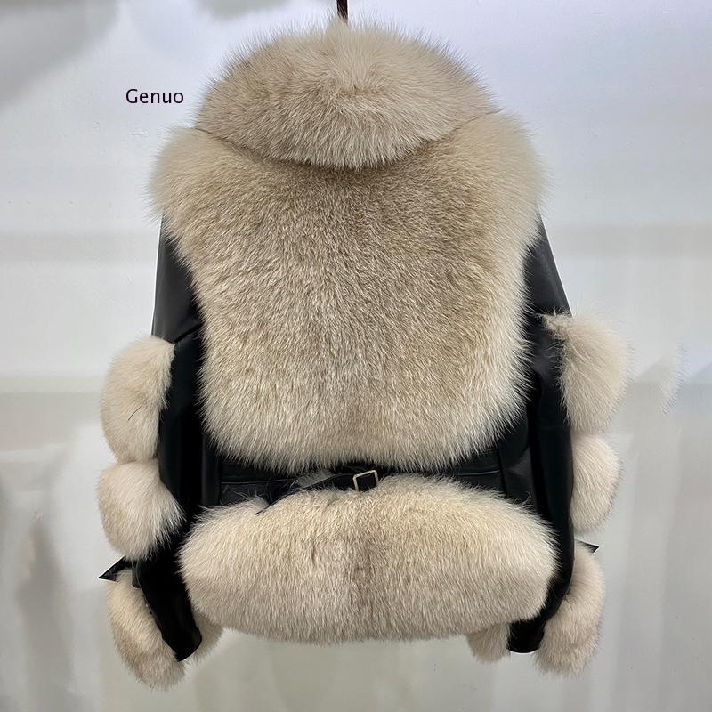 Women Faux Fox Fur Coat Imitation Sheepskin Leather Jacket Fluffy Fake Fox Fur Coats with Plush Fur Collar Winter Thick Overcoat