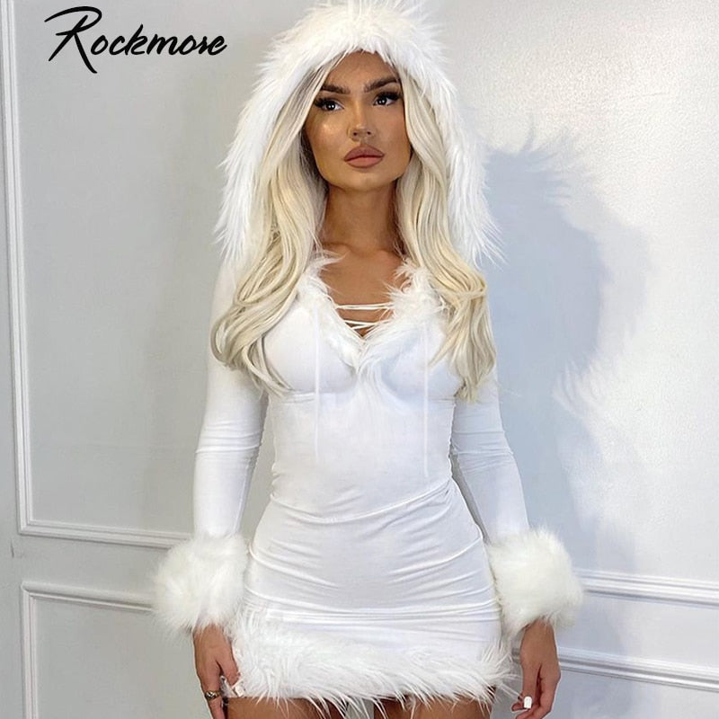 Rockmore Furry Long Sleeve Hooded Bodycon Mini Dresses Women White V Neck Fuzzy Dress Skinny Christmas Party Streetwear Winter