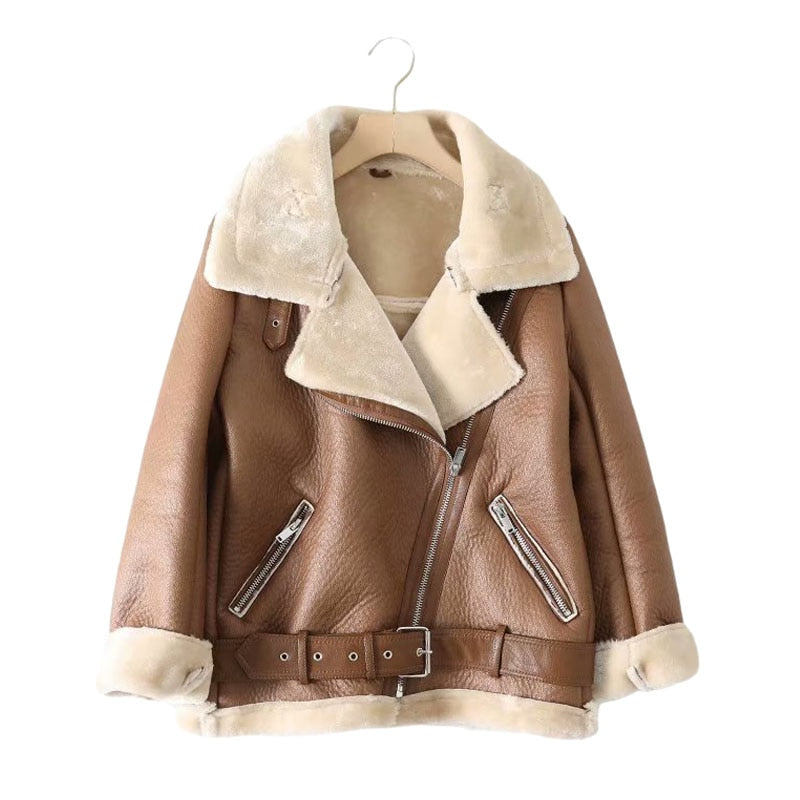 Za Fur Long Sleeved Loose Belt Warm Women&#39;s Jacket Lamb Wool Winter Thickened Locomotive Lapel Female Coat Beige Black Chic PU