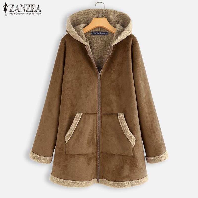 2021  ZANZEA Winter Zipper Fleece Jackets Women Vintage Solid Hooded Long Sleeve Warm Coats Overcoats Femme Outwear