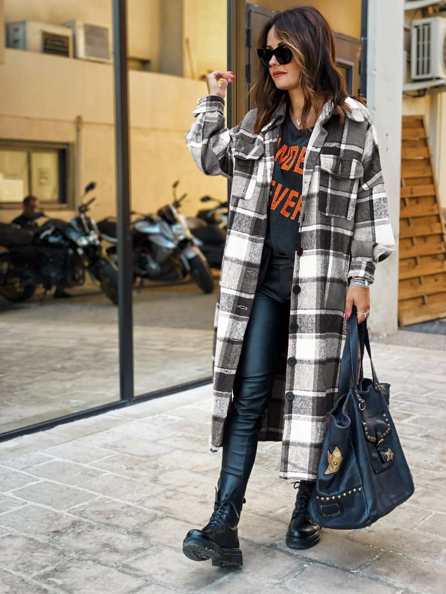 Women&#39;s Fashion Long Plaid Coat Autumn Shirt Coat Woolen Coat Streetwear Women Clothing Loose Coat Female Casual Jacket