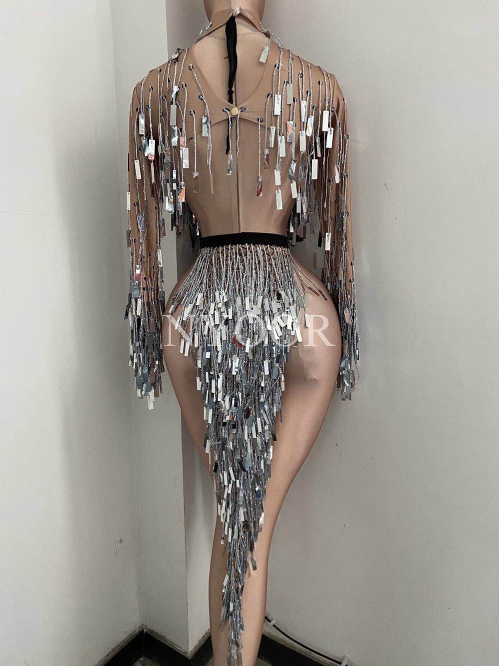 Flashing Silver Sequins Fringe Split Dress Women Nightclub Dance Costume Performance Stage Show Clothes Birthday Rave Outfit