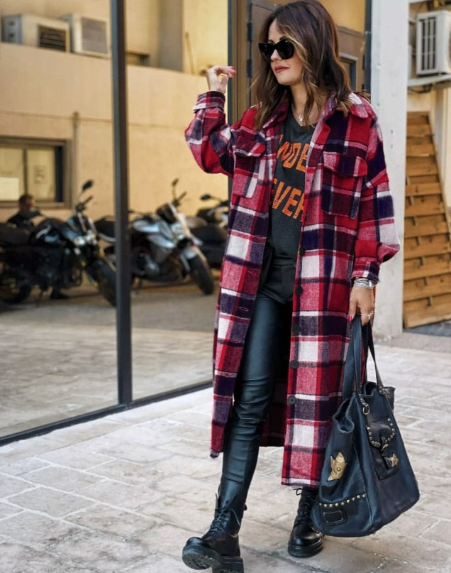 Women&#39;s Fashion Long Plaid Coat Autumn Shirt Coat Woolen Coat Streetwear Women Clothing Loose Coat Female Casual Jacket