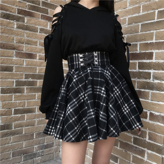 Qiukichonson Gothic Lolita Skirt Women 2020 Spring Autumn Winter High Waisted Lace-up Short Plaid Wool Skirts Mini tutu femme