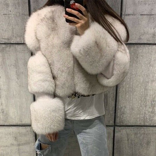 Black Imitation Leather Fox Fur Jacket Short Women Winter Outwear Thick Warm Faux Fox Fur Coats Plus Size Fluffy Overcoat New