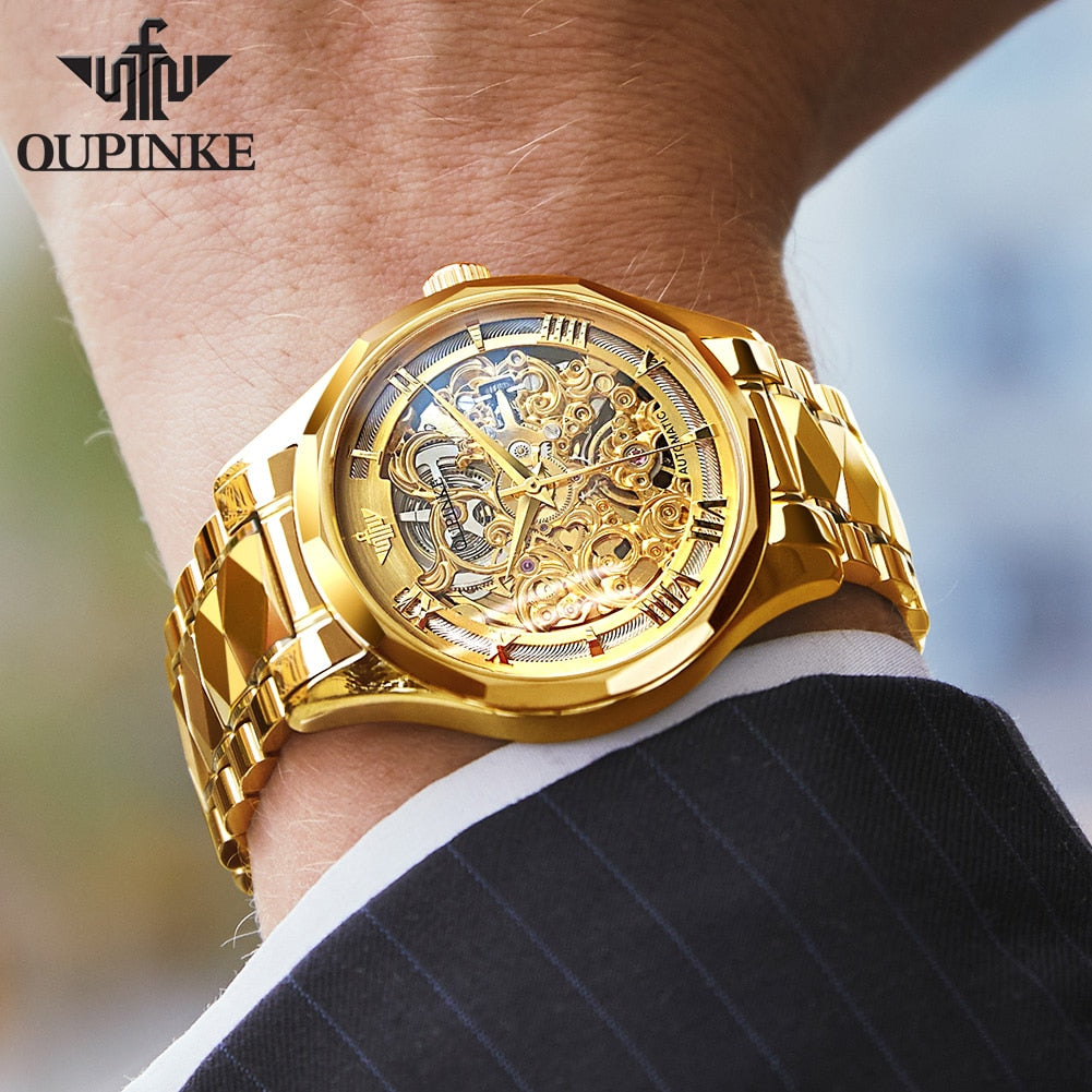 OUPINKE Luxury Men Watches Gold Skeleton Mechanical Watch Men Automatic Sapphire Glass Stainless Steel Wristwatch montre homme