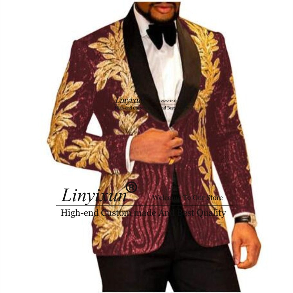 Slim Fit terno masculino Shiny Sequins Gold Applique Suits Men Prom Tuxedos Grooms Set 2 Pieces(Blazer+Pants) Costume Homme