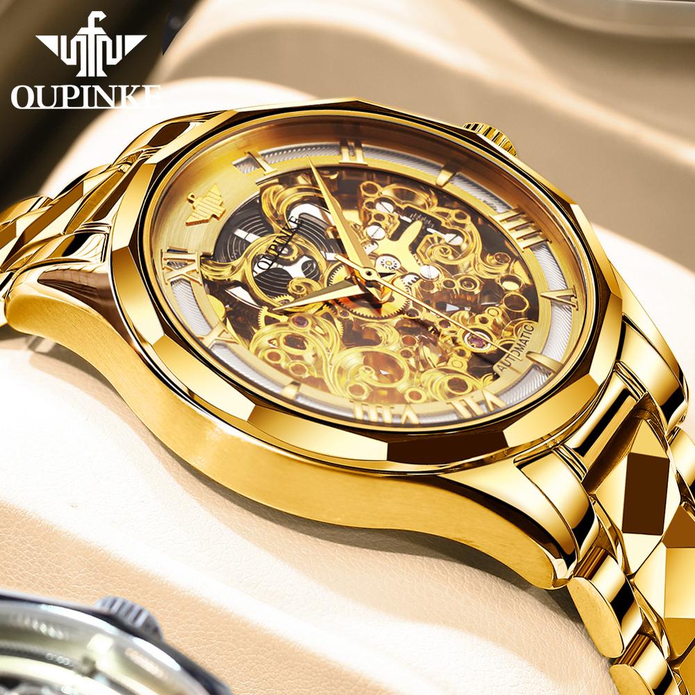 OUPINKE Luxury Men Watches Gold Skeleton Mechanical Watch Men Automatic Sapphire Glass Stainless Steel Wristwatch montre homme