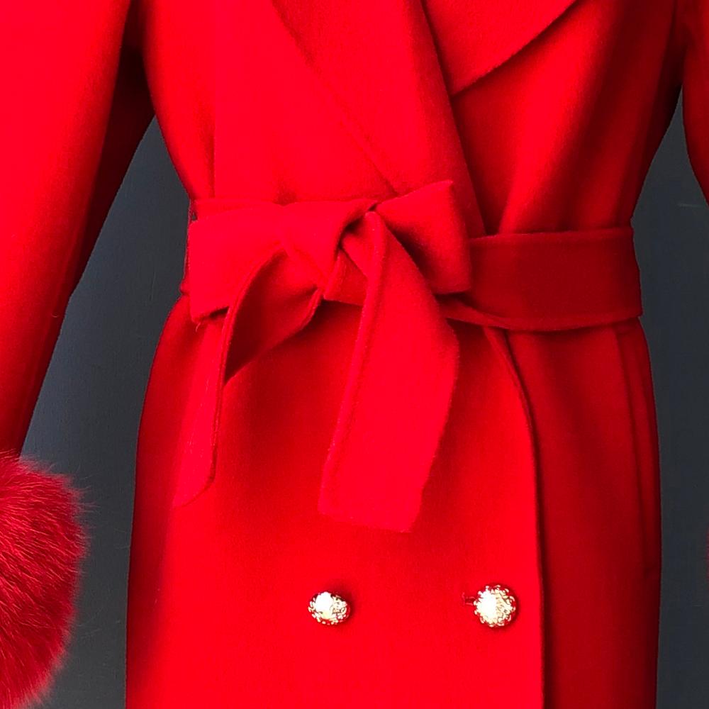 2020 Wool Coat Women Pied De Poule Natural Fox Fur Collar Cashmere Wool Blends Long Outerwear Ladies Streetwear