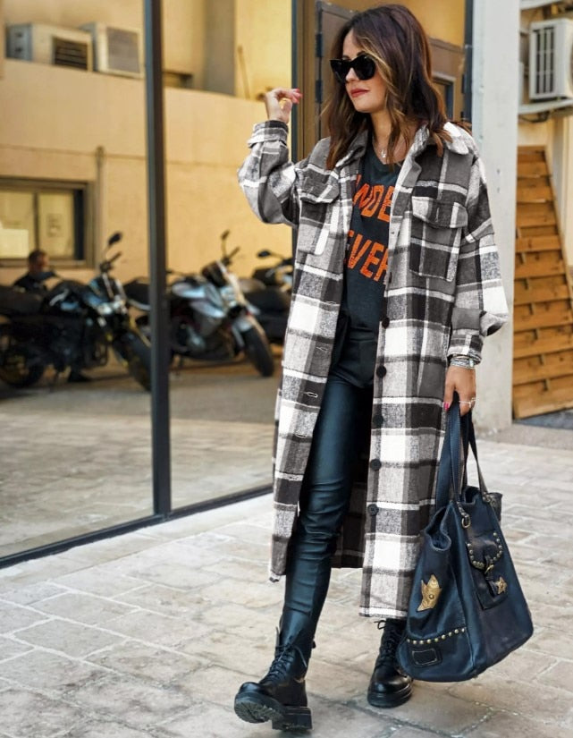 Women&#39;s Fashion Long Plaid Coat Autumn Shirt Coat Woolen Coat Streetwear Women Clothing Loose Coat Female Casual Jacket