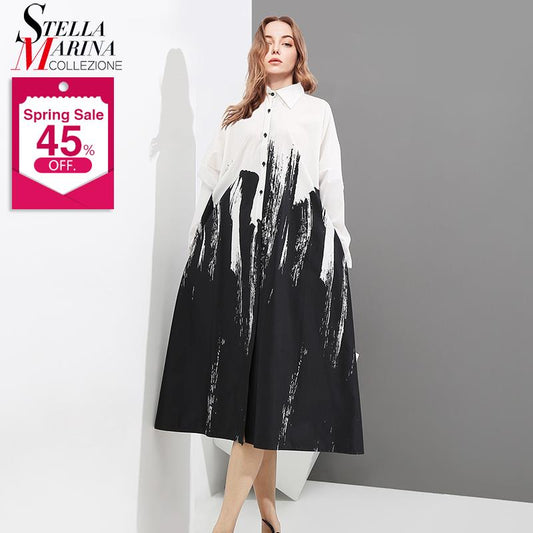 Painting Style Woman Summer Long Sleeve Black And White Printed Shirt Dress Tie Dye Plus Size Midi Casual Dress Robe Femme 3400